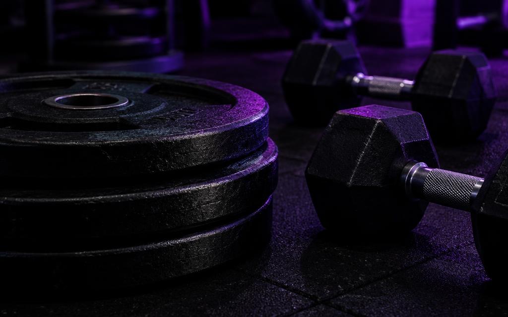 Weight plates and dumbbells on a gym floor