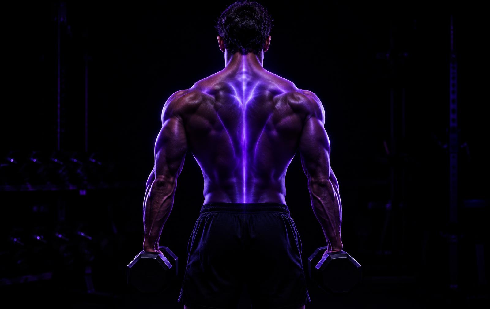 Athlete's back holding dumbbells